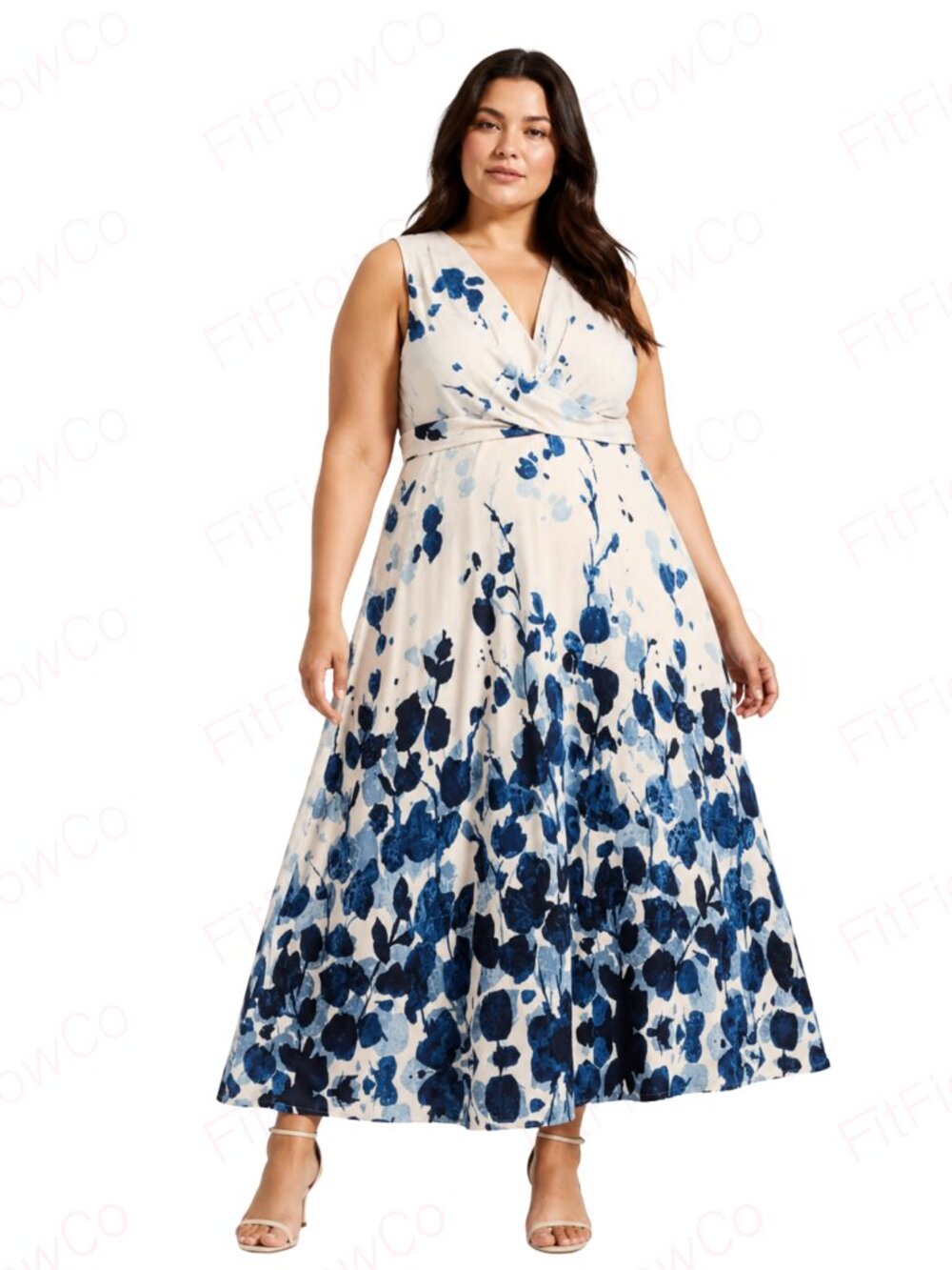NWT Ivory Blue Watercolor Floral Twist Front Fit & Flare Dress XL